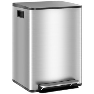 Cubo de Basura de Cocina con 2 Compartimentos 2x20L Papelera de Cocina de Acero Inoxidable con Pedal Tapa de Cierre Suave y Cubo Extraíble para Dormitorio Oficina Salón Plata