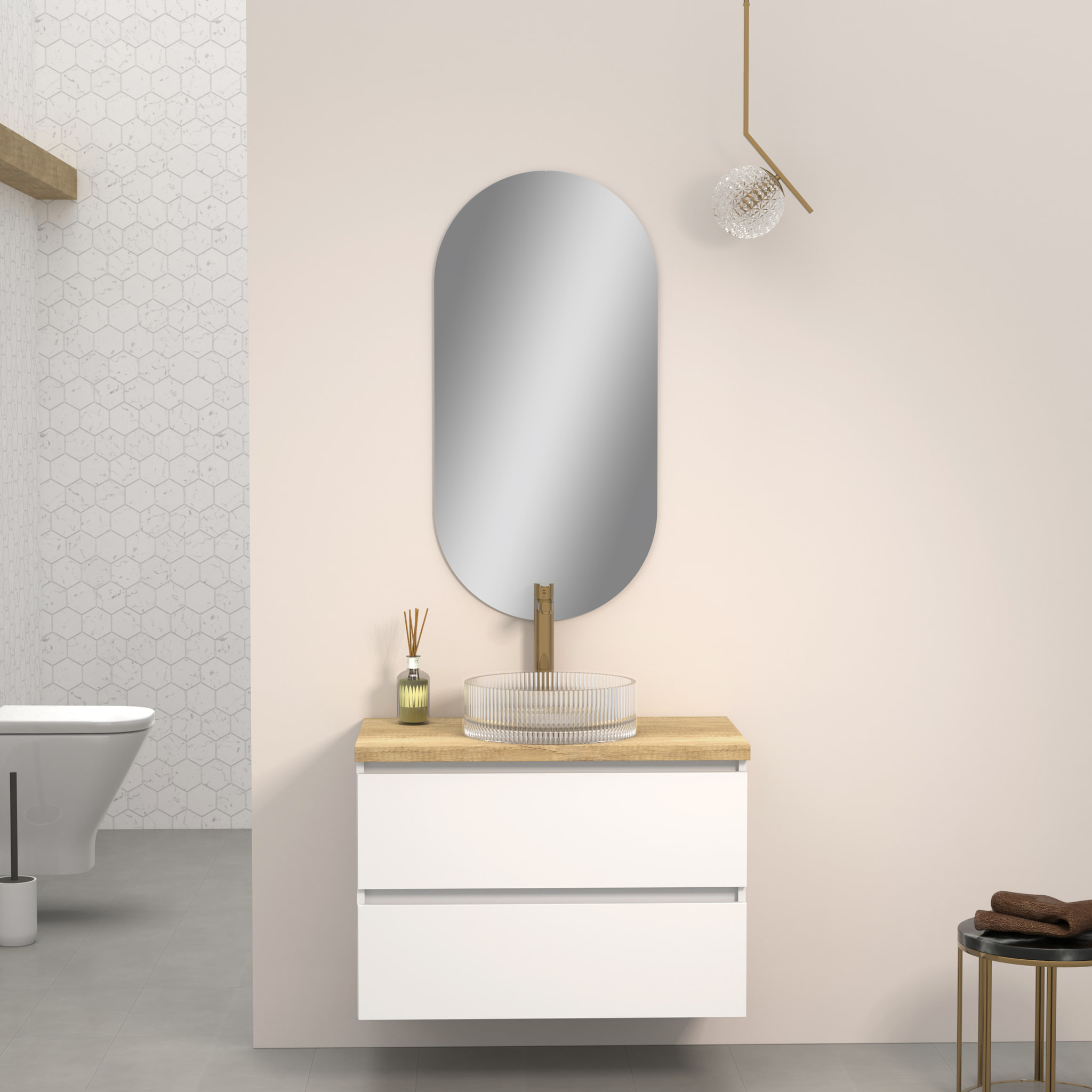 Conjunto de Baño Kub | 80 cm Blanco | Dos Cajones | Lavabo de Cristal | No incluye Espejo | Mueble Montado | Alday