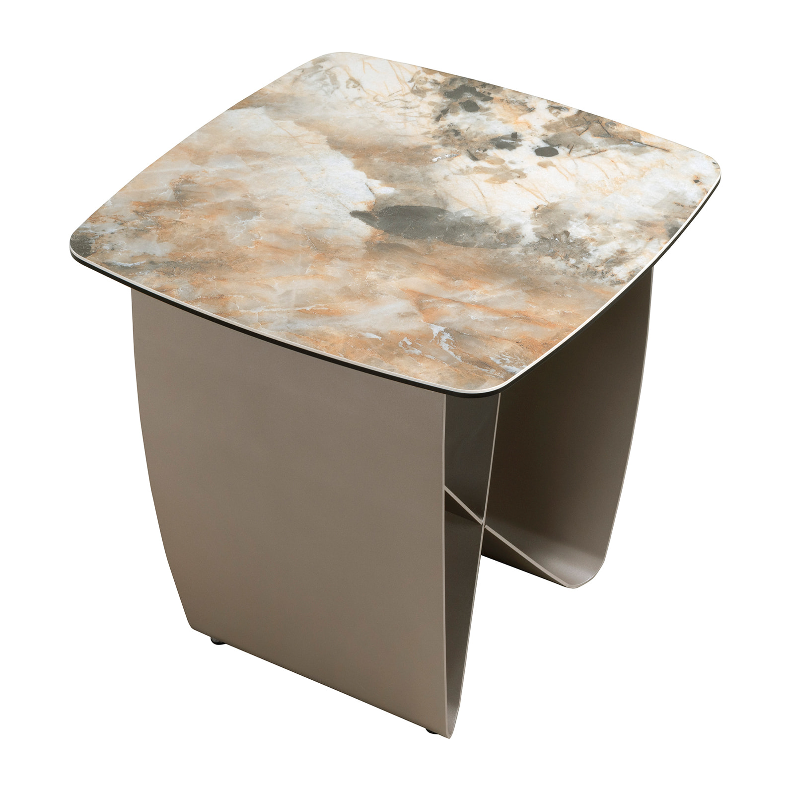 Mesa rincón Angel Cerdá cuadrada con tapa de mármol porcelánico en tonalidades tierra y grises en acabado mate y patas de acero inoxidable en taupé acabado metalizado 50x50x50cm