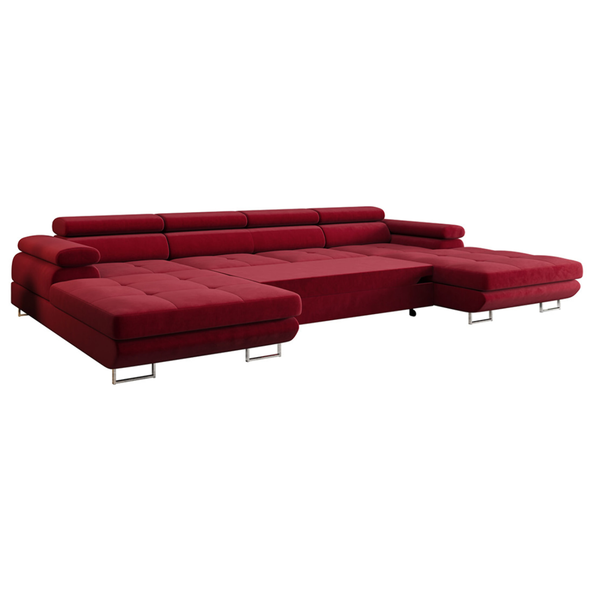 Ayden - Canapé panoramique en U 7 places convertible avec coffre et têtières réglables en tissu - Prune