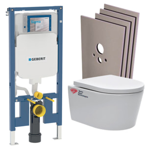 Pack WC Bati Geberit extra-plat + WC Swiss Aqua Technologies sans bride + Abattant + Plaque + habillage (SLIM-SATrimless-C-sabo)
