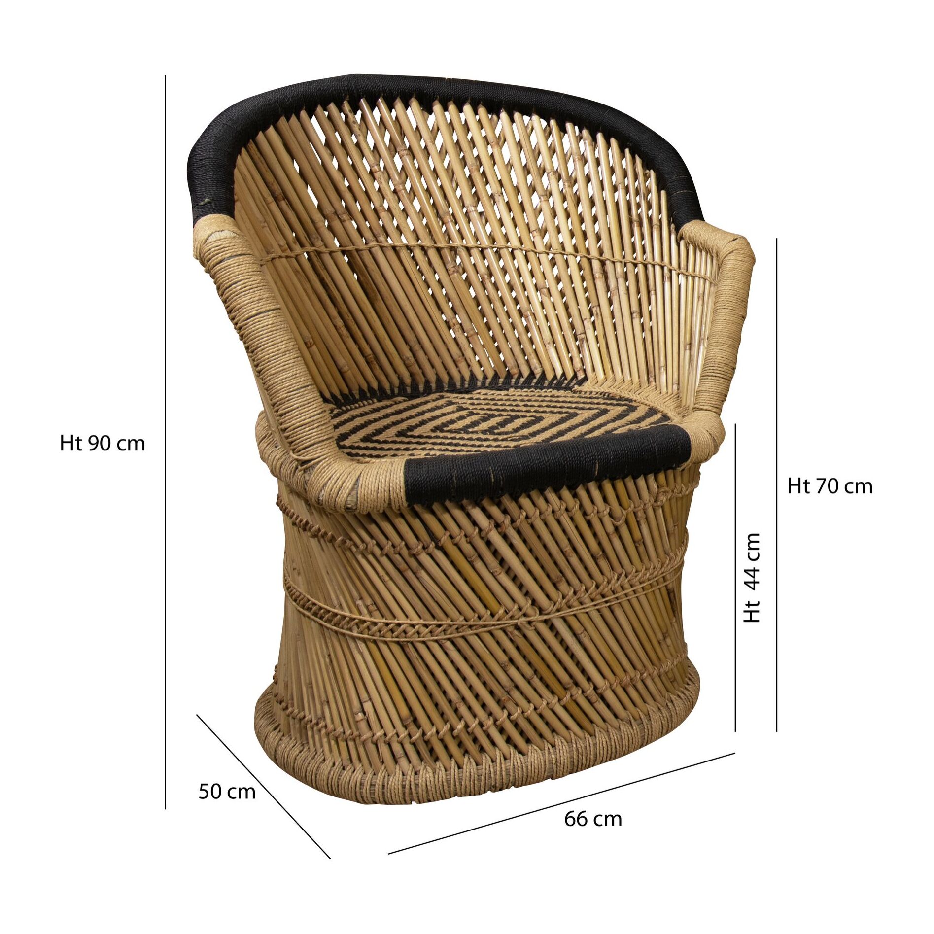 Lot de 2 fauteuils en bambou naturel et noir avec deux coussins noirs ZAMZEBE