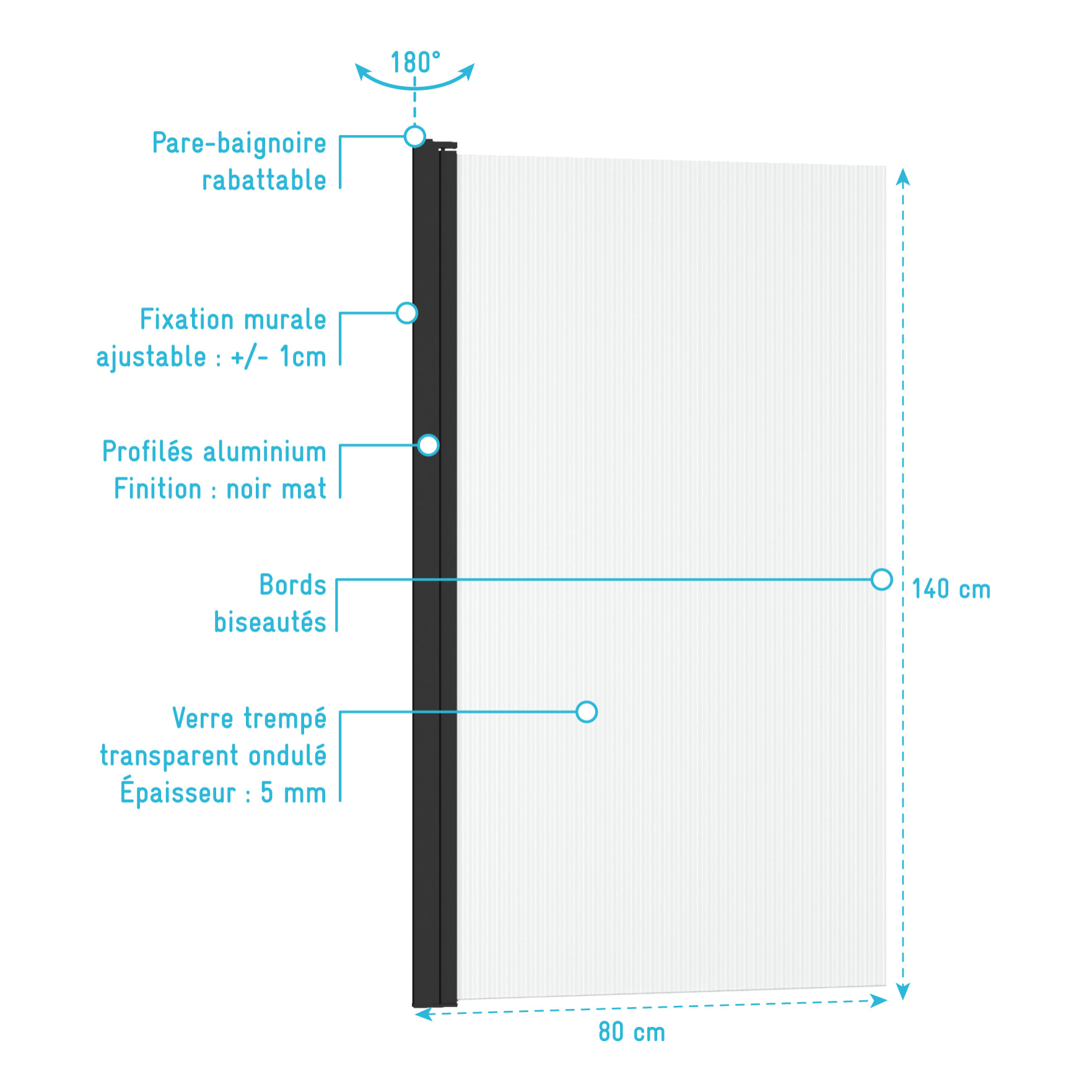 Pare baignoire Rabattable 80x140cm - Profilé Noir Mat - Verre Trempé Ondulé 5mm - WAVY