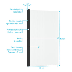 Pare baignoire Rabattable 80x140cm - Profilé Noir Mat - Verre Trempé Ondulé 5mm - WAVY