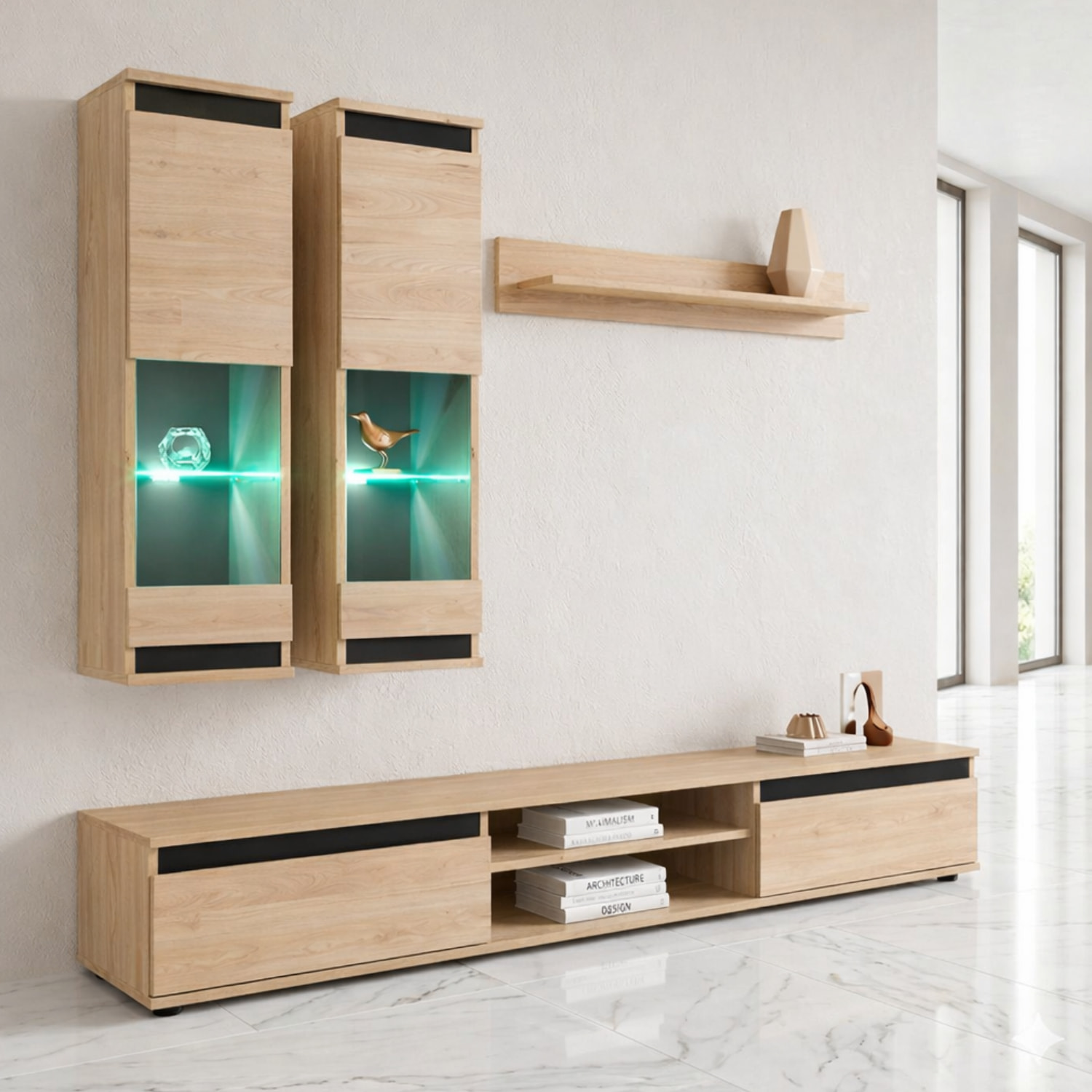 Parete Attrezzata Soggiorno Mobile Tv Vetrine Led Mensola Moderno Living Arredo Contenitore Vani Giorno Resistente 175x150x37 Cm Rovere Chiaro E Nero