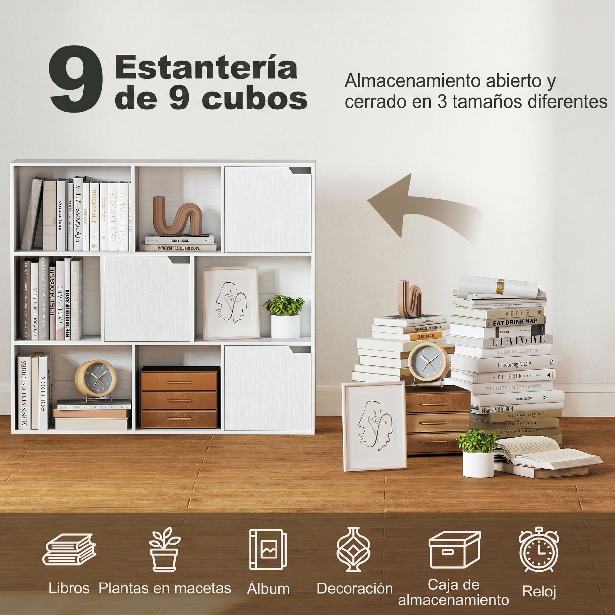 Estantería de 9 Cubos, Librería de 3 Niveles con 3 Puertas y 6 Compartimentos Abiertos, Estilo Moderno, para Dormitorio, Salón, Estudio u Oficina, 106x24x95 cm, Blanco