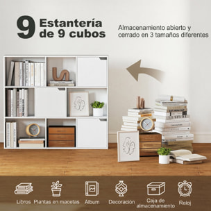 Estantería de 9 Cubos, Librería de 3 Niveles con 3 Puertas y 6 Compartimentos Abiertos, Estilo Moderno, para Dormitorio, Salón, Estudio u Oficina, 106x24x95 cm, Blanco