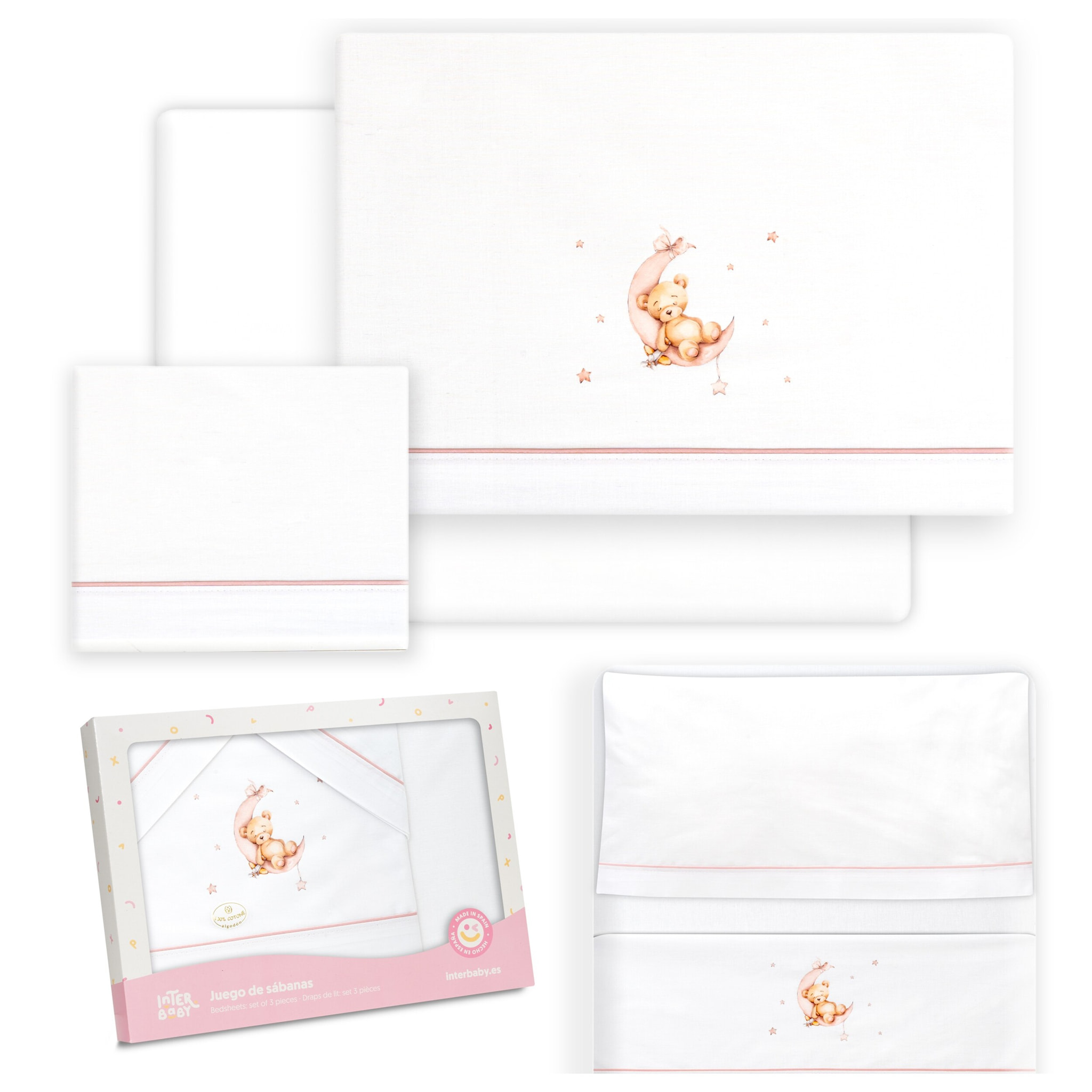 Triptico Minicuna Estampado Oso Luna Estrellas Bco/Rosa