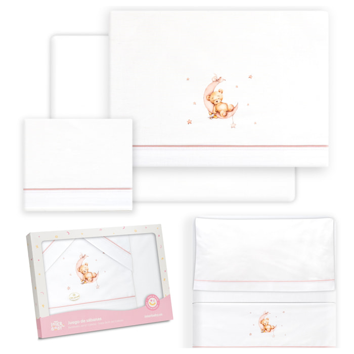 Triptico Minicuna Estampado Oso Luna Estrellas Bco/Rosa