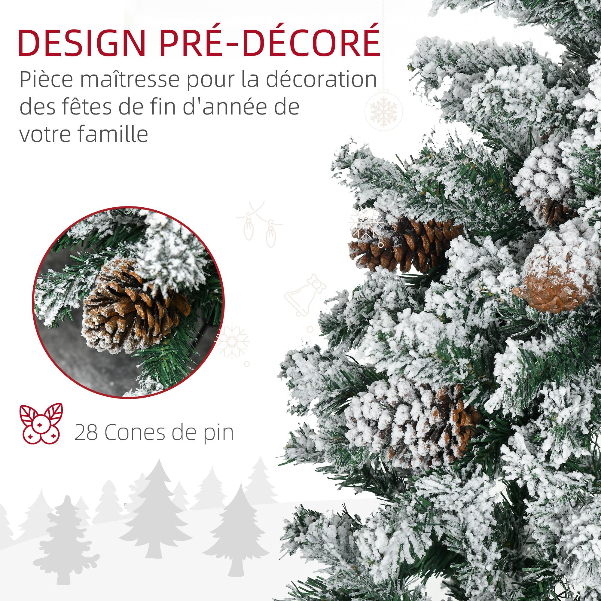 Sapin de Noël artificiel avec 28 pommes de pin arbre de Noël 269 branches enneigées support en acier socle pliable hauteur 120 cm vert