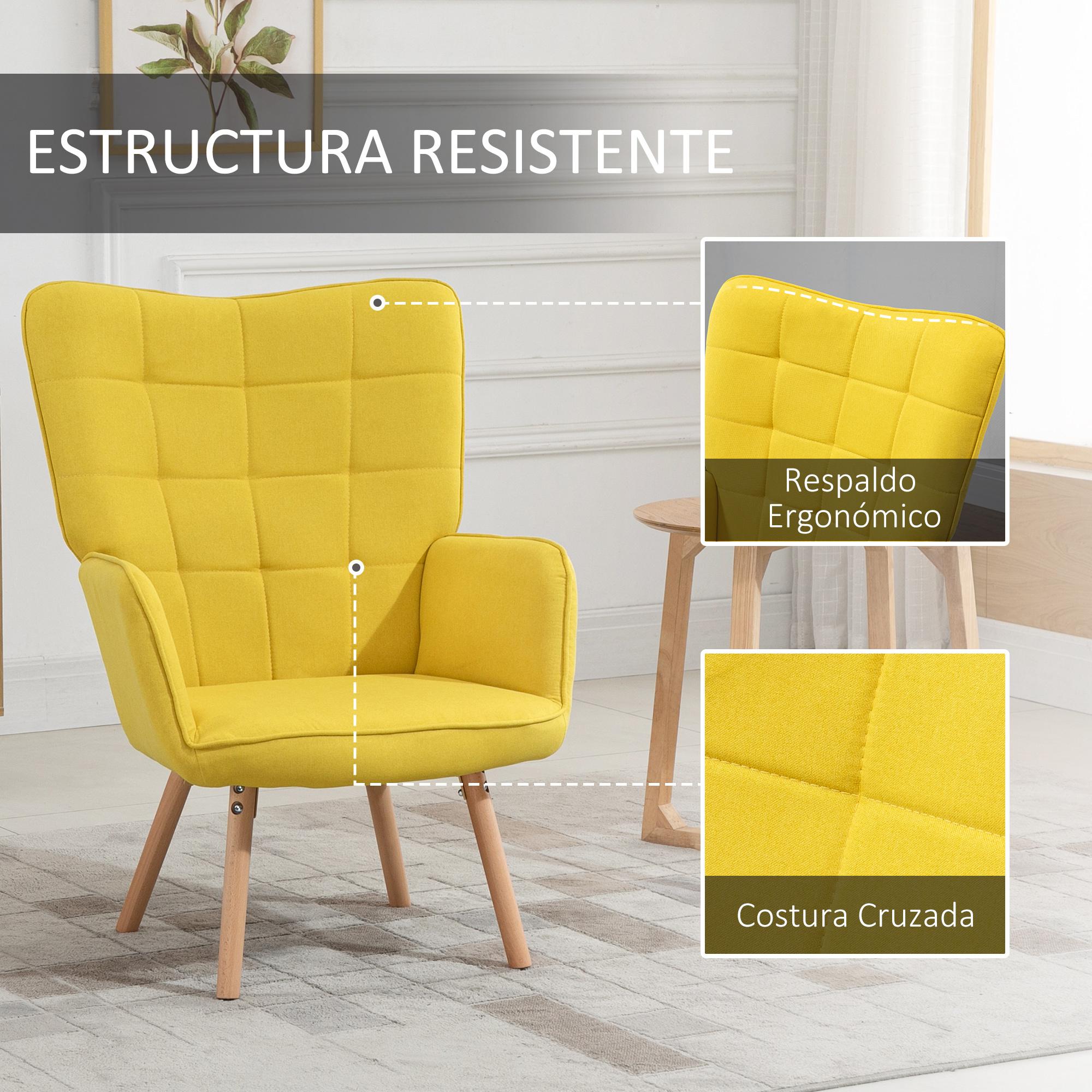 Butaca de Salón Moderna Sillón con Respaldo Alto Reposabrazos Tela de Lino y Patas de Madera de Haya para Comedor Cocina 71x76x101 cm Amarillo