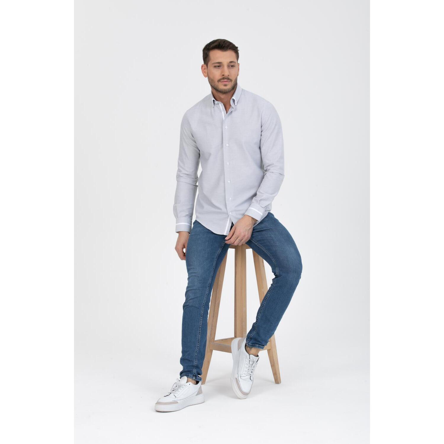 Camicia Uomo 1 Bottoni Button Down Slim Armaturato Fantasia Grigio Scuro/Bianco