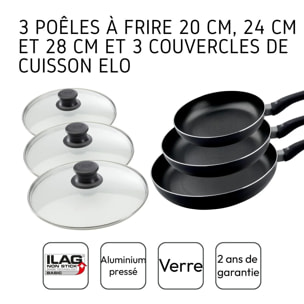 Lot de 3 poêles à frire 20, 24 et 28 cm et 3 couvercles Elo Smart Life