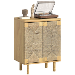 Aparador Bohemio de 2 Puertas con Cuerda Tejida a Mano, Aparador de Salón con Estante Ajustable, Apertura por Presión, Patas de Madera, Roble, 60x40x78 cm