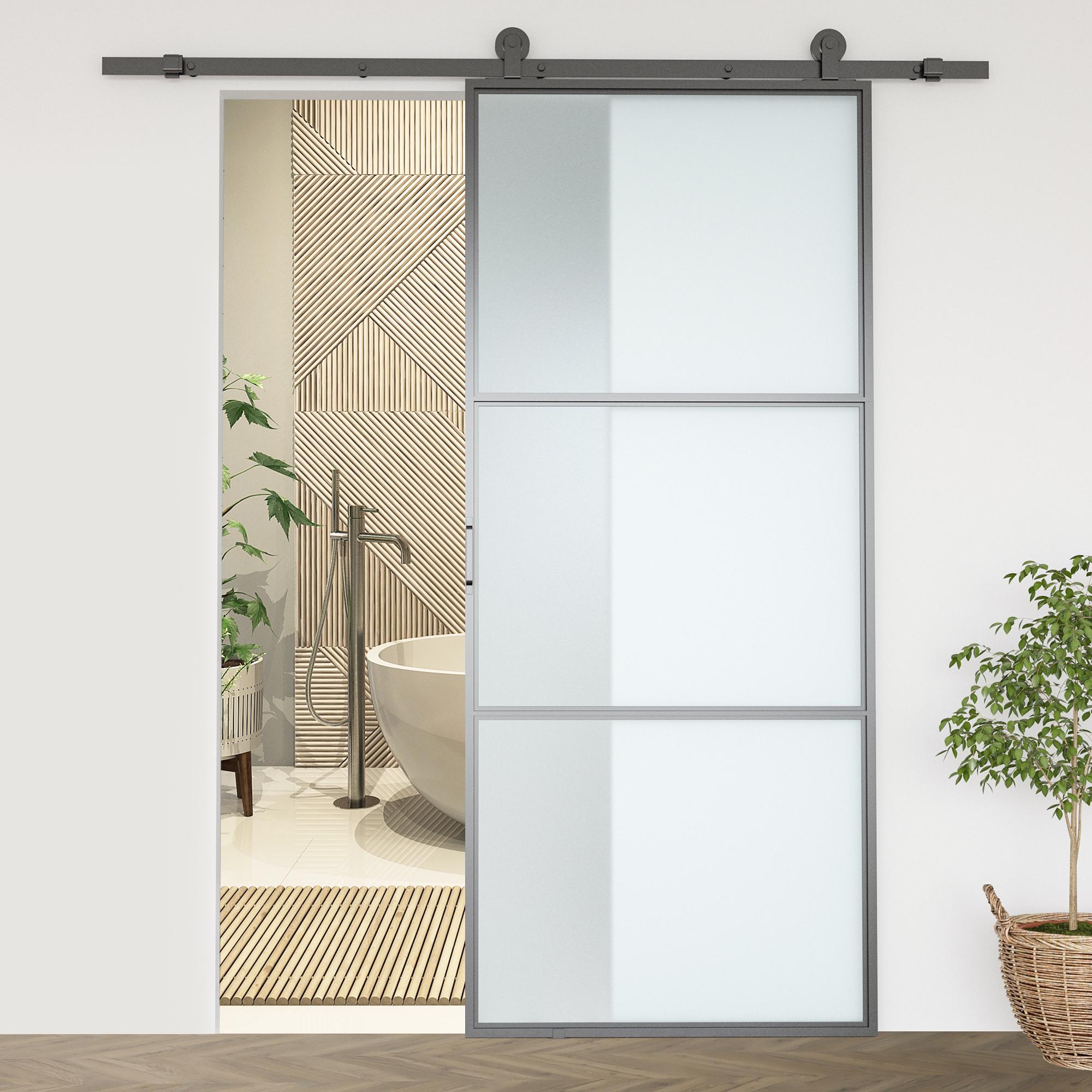 Herraje para Puerta Corredera 200 cm Kit de Accesorios para Puerta Corredera Carga 100 kg con 2 Rieles de Acero al Carbono Guia para Puerta de Granero 200x40x0,6 cm Negro