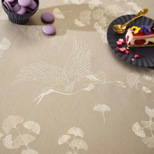 Nappe pur coton enduit motif jacquard beige Mille ginkos naturel