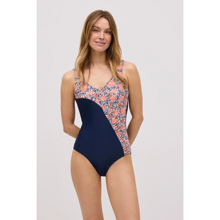 Costume da bagno modellante blu scuro con stampa floreale