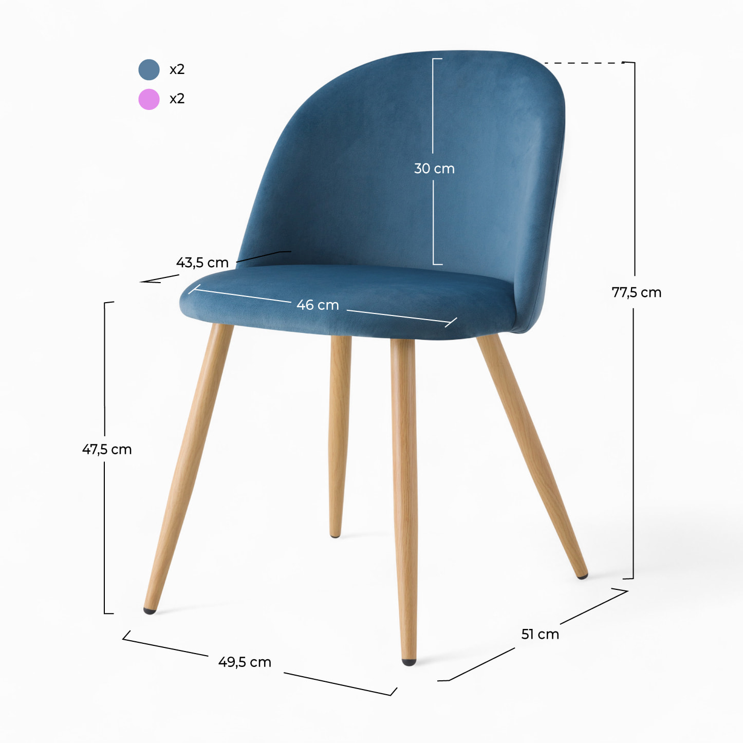 Pack 4 chaises en velours bleu et rose - Cozy