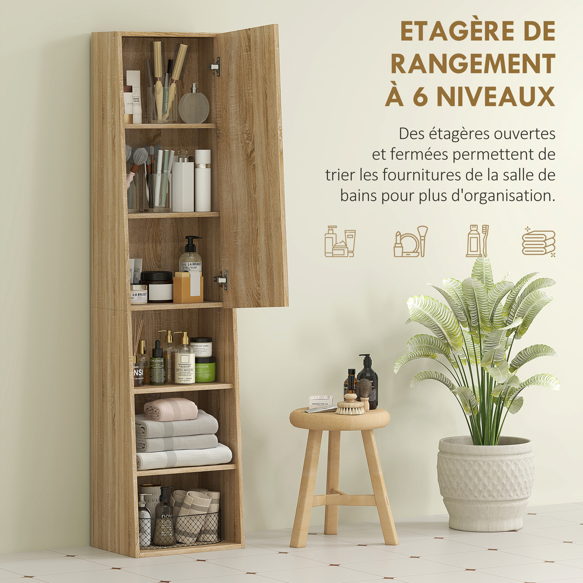 Colonne salle de bain design forme trapézoïdale avec miroir H. 165 cm - porte, 3 étagères, 3 niches - effet bois clair