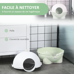 Maison de toilette pour chat design boule - porte battante, couvercle amovible, pelle - PP vert blanc