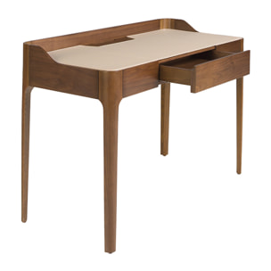 Escritorio tocador en madera chapada en nogal natural combinado con un elegante tapizado en polipiel en crema 116x55x82cm