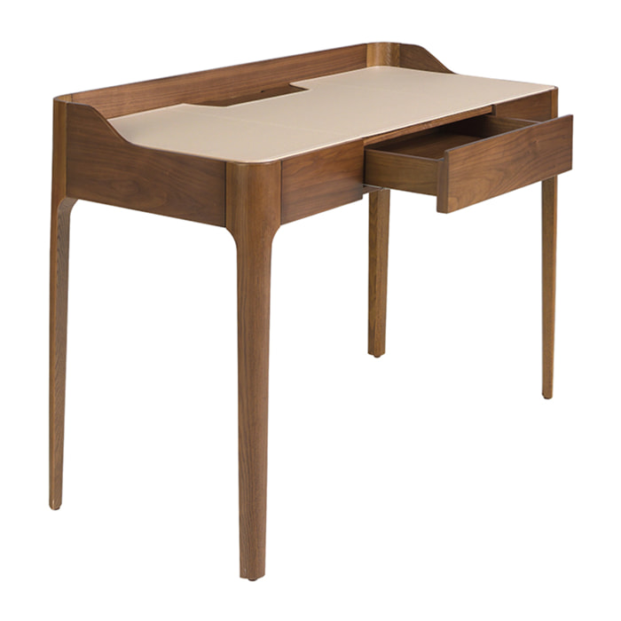 Escritorio tocador en madera chapada en nogal natural combinado con un elegante tapizado en polipiel en crema 116x55x82cm