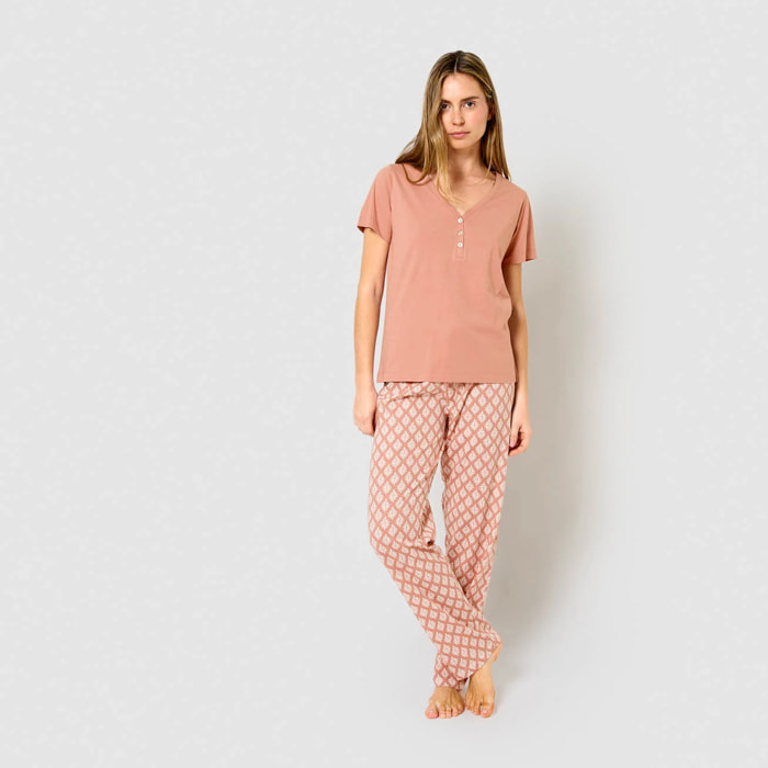 Pijama largo algodón manga corta con escote pico zurich rosa