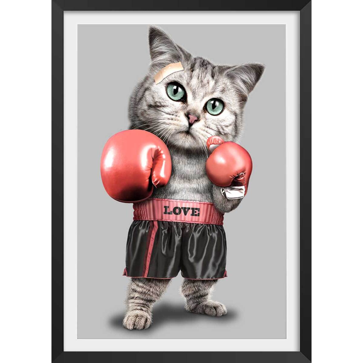 Affiche enfant chat boxeur  Affiche + cadre en bois - Noir