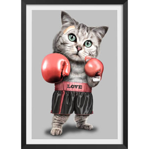 Affiche enfant chat boxeur  Affiche + cadre en bois - Noir