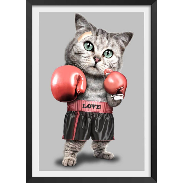Affiche enfant chat boxeur  Affiche + cadre en bois - Noir
