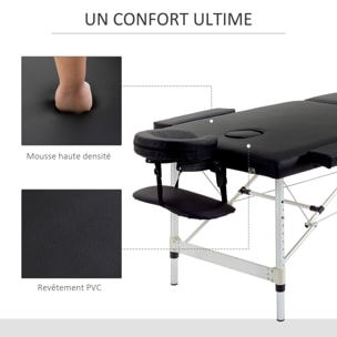 Table de massage pliable 3 zones hauteur réglable dim. 185L x 70l x 59-84H cm sac transport alu. synthétique PVC noir