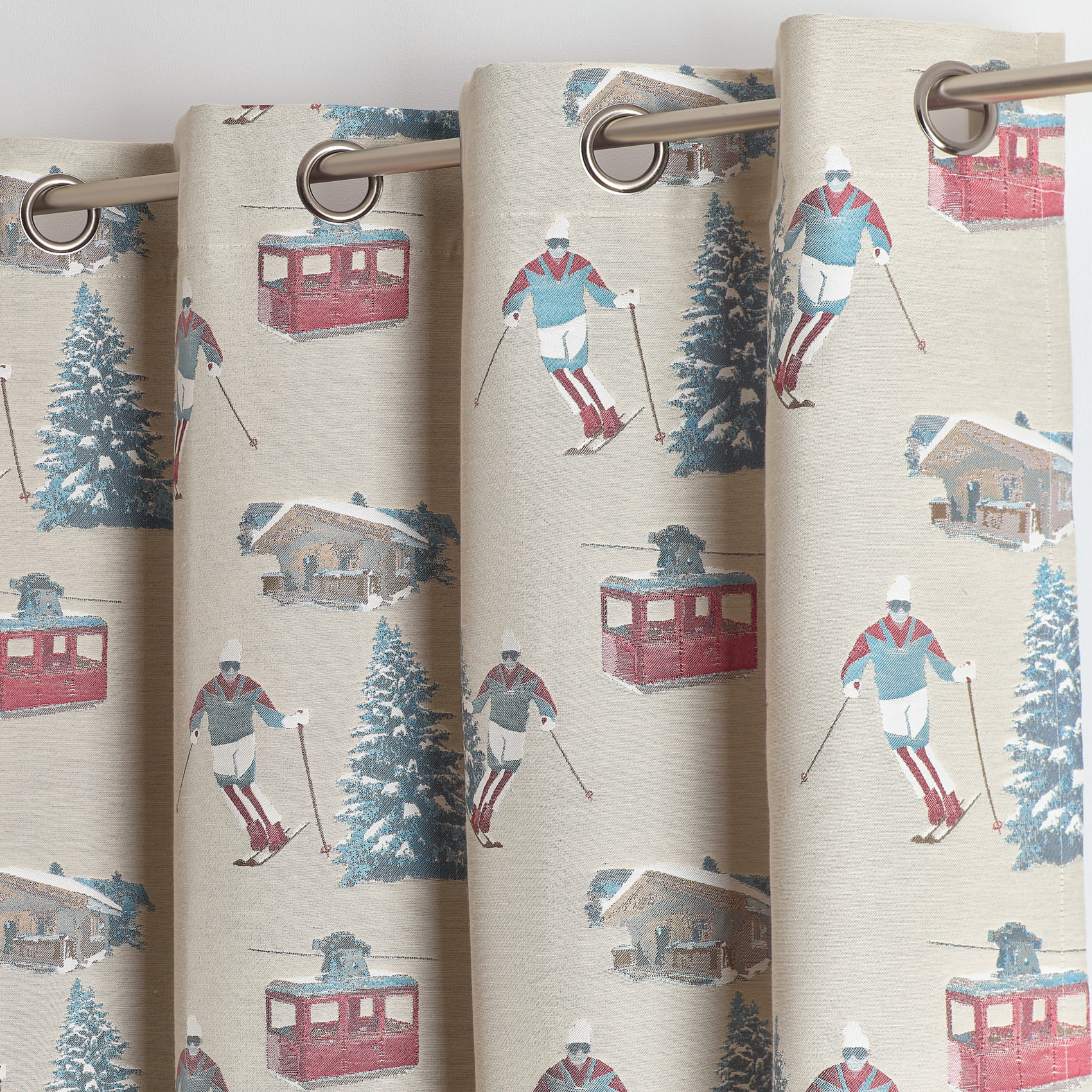 Rideau jacquard à œillets avec motifs skieurs et sapins - Lin
