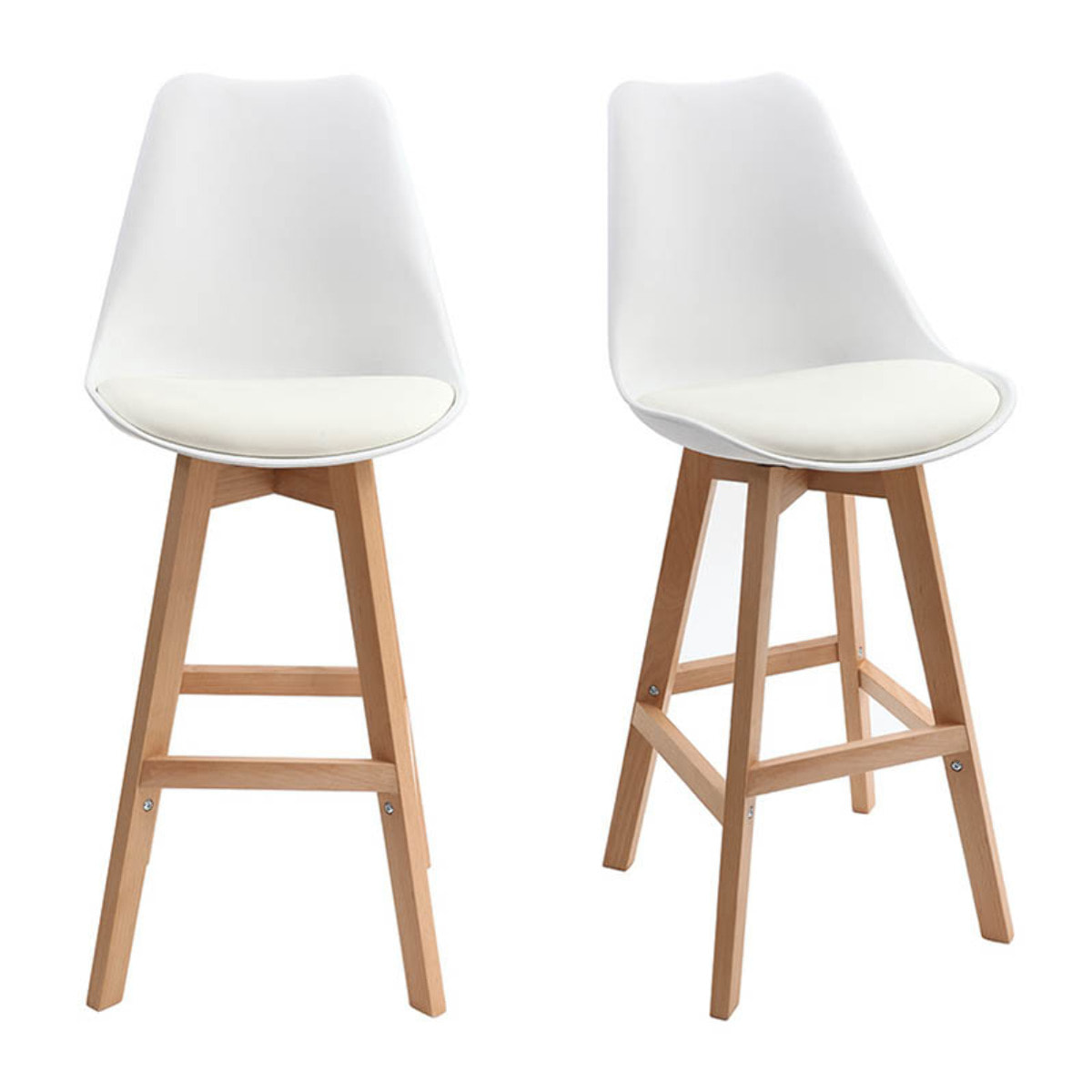 Tabourets de bar design blanc et bois H65.5 cm (lot de 2) PAULINE