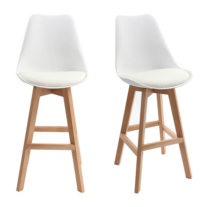 Tabourets de bar design blanc et bois H65.5 cm (lot de 2) PAULINE