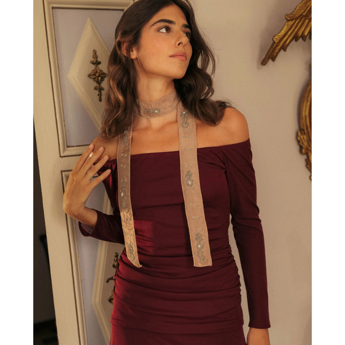 Cinta bordada marrón estilo foulard con cuentas