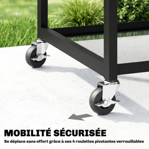 Desserte jardin métal 2 étagères mailles plateau à tablette latérale pliable noir