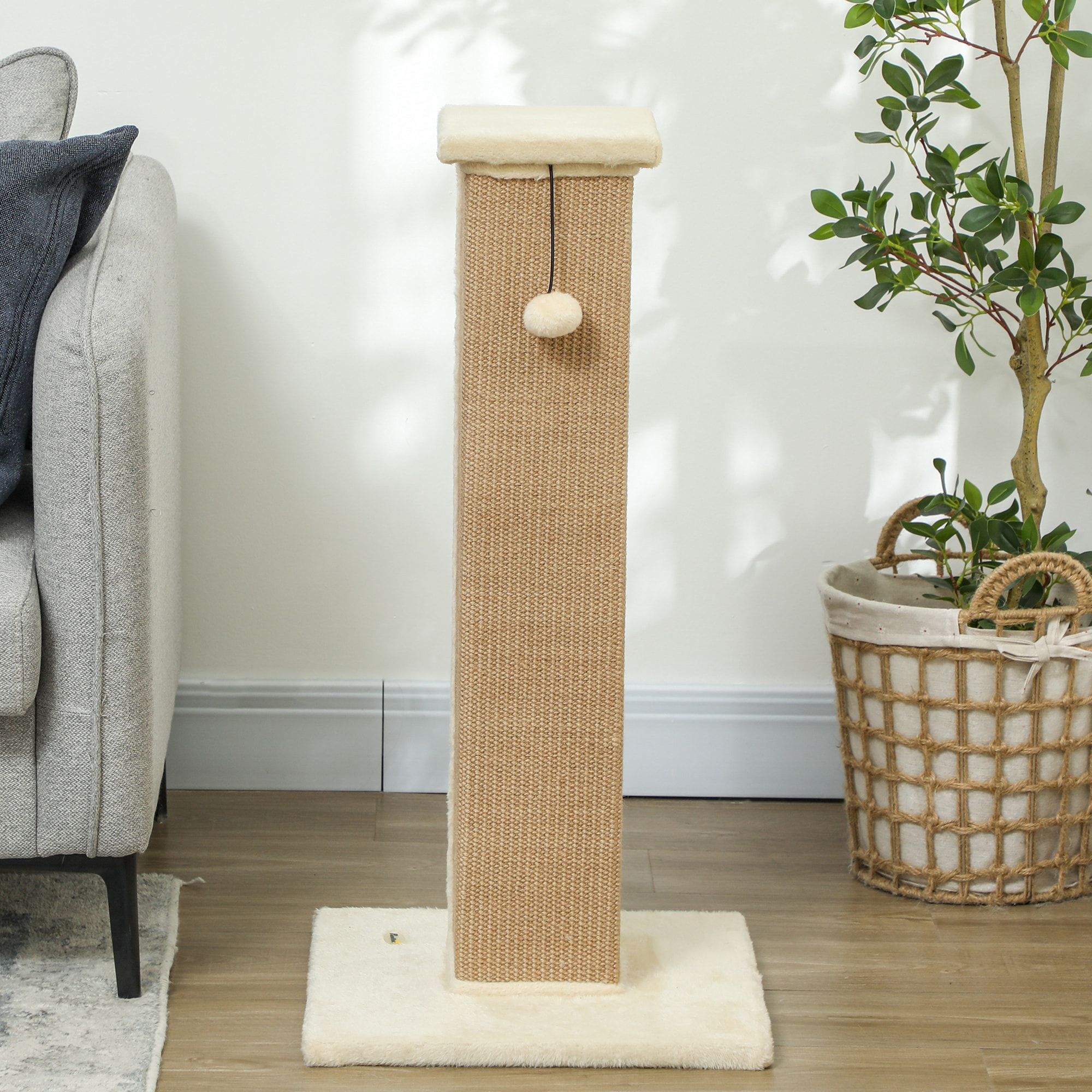 Griffoir tour pour chat H.81 cm - poteau à griffer avec jeu balle suspendue - peluche beige sisal naturel