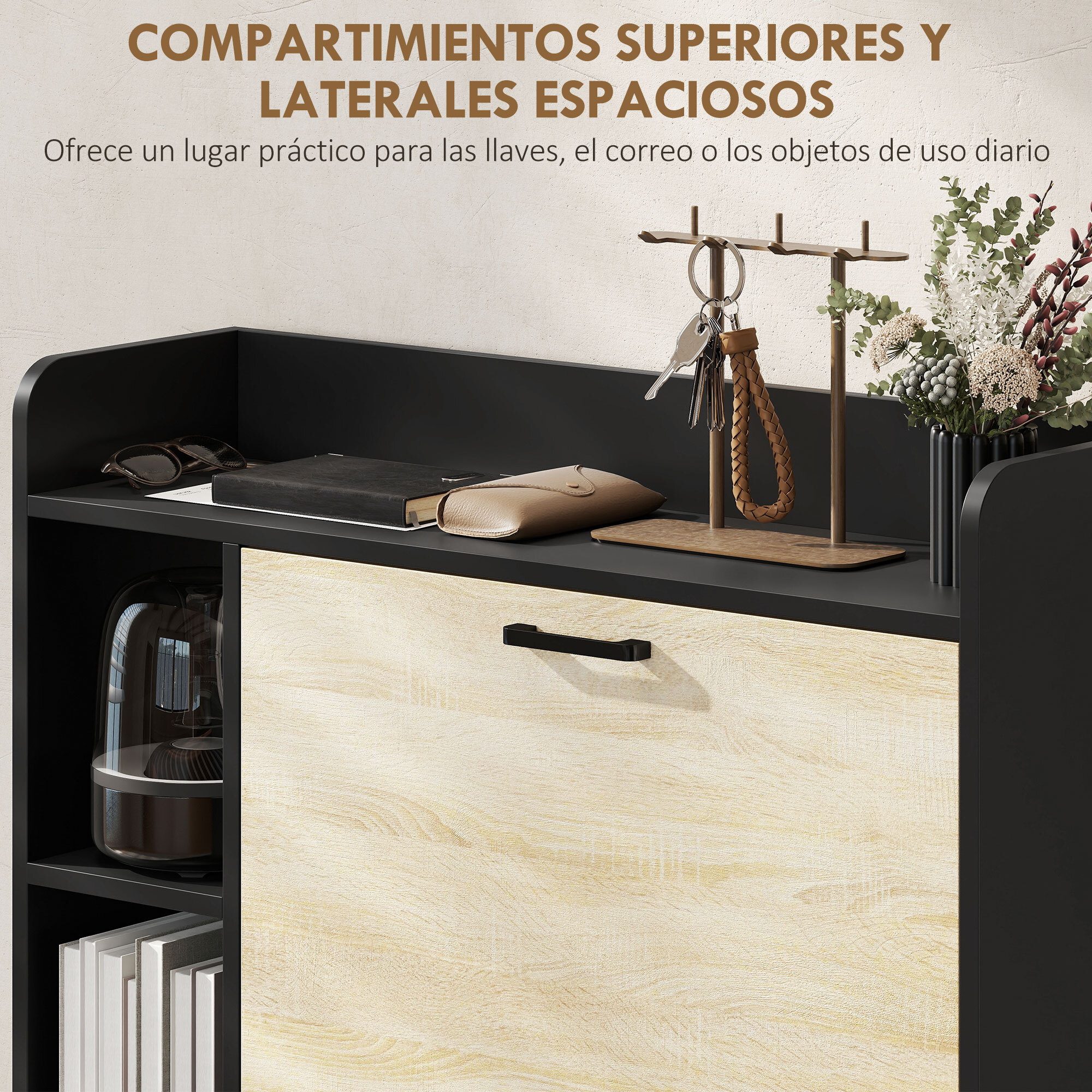 Zapatero Estrecho 2 Puertas, Zapatero Entrada Recibidor con 3 Estantes Laterales y Estantes Ajustables, para 15 Pares de Zapatos, para Pasillo, Espacio Reducido, 83x24x90,5 cm, Natural y Negro