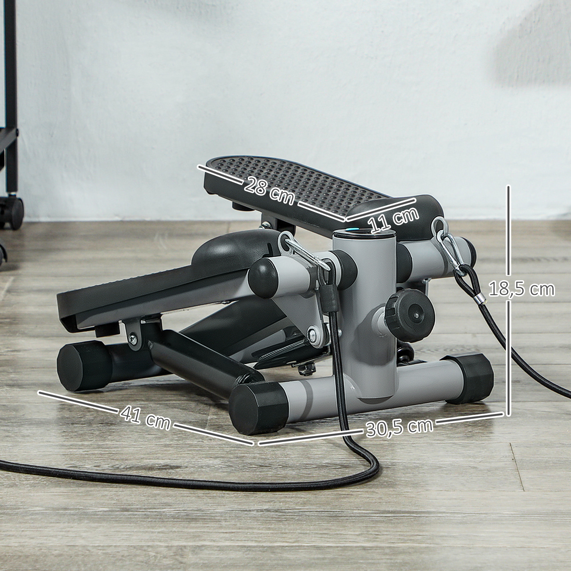 Mini Stepper para Hacer Ejercicio en Casa Máquina de Escalada Compacta con Bandas de Resistencia Monitor LCD Pedales Antideslizantes Ajustables en Altura para Entrenamiento de Cuerpo Gris