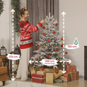 Sapin de Noël artificiel enneigé H.150cm 828 branches épicéa grand réalisme support métal pliable vert