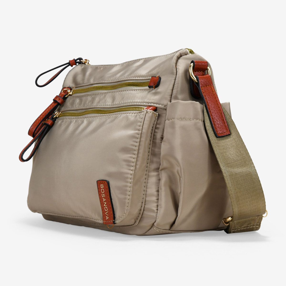 Bolso bandolera taupe con cremalleras metálicas