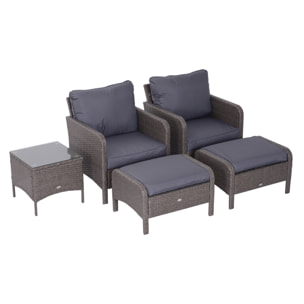 Outsunny Lot de 2 fauteuils de jardin grand confort repose-pied table basse résine tressée imitation rotin coussins gris