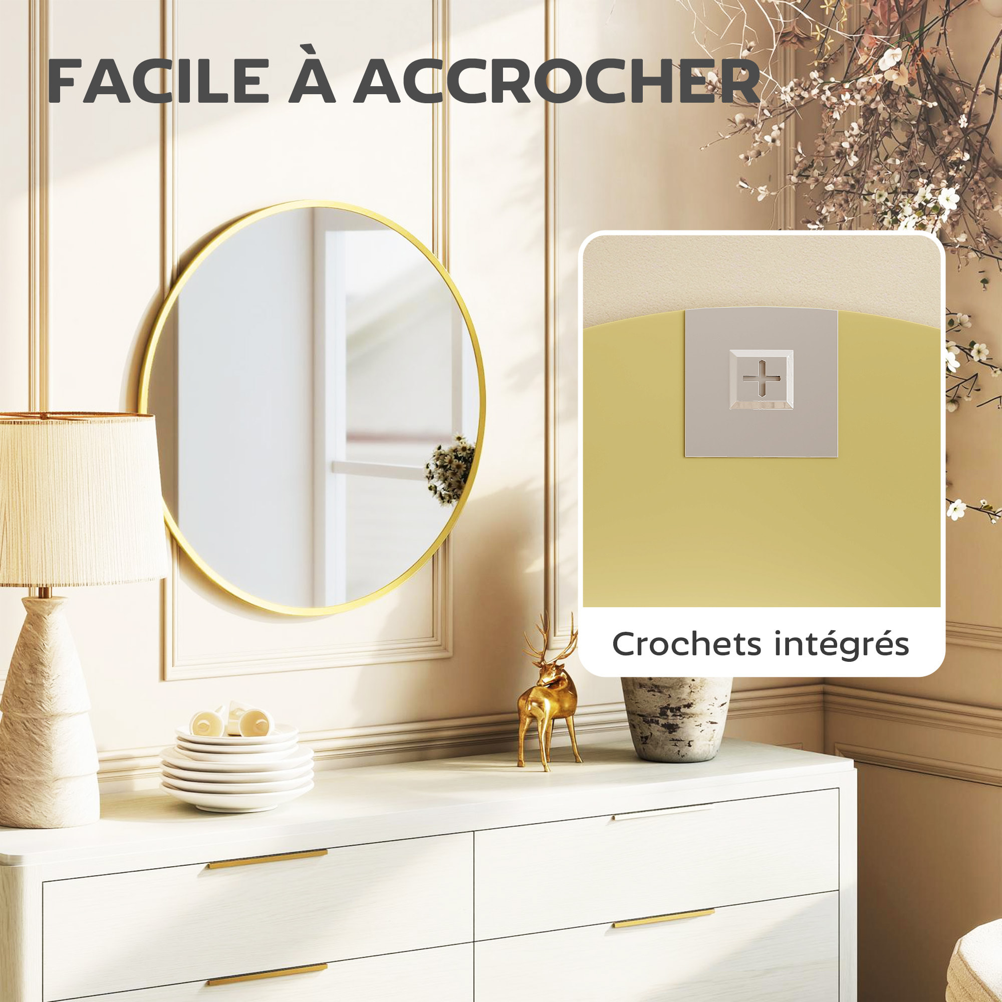 Miroir mural rond design cadre métal doré dia. 61 cm