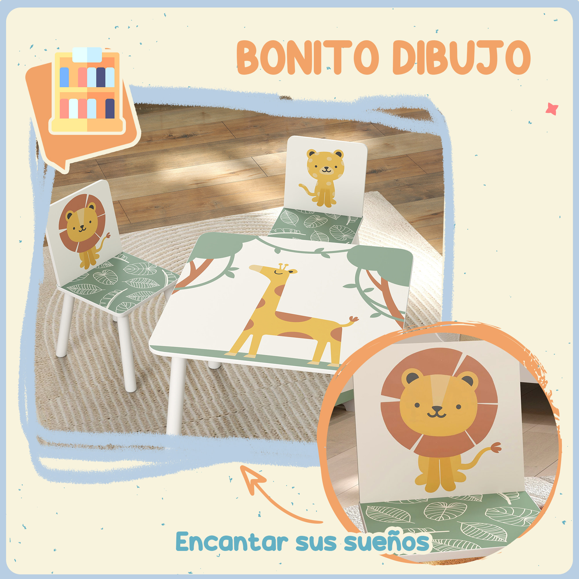 Mesa y Sillas Infantiles de 3 Piezas, Mesa Infantil con 2 Sillas de Madera de Pino, Juego de Muebles con Dibujos de Leones para niños de +3 Años, para Dormitorio, Sala de Juegos, Verde