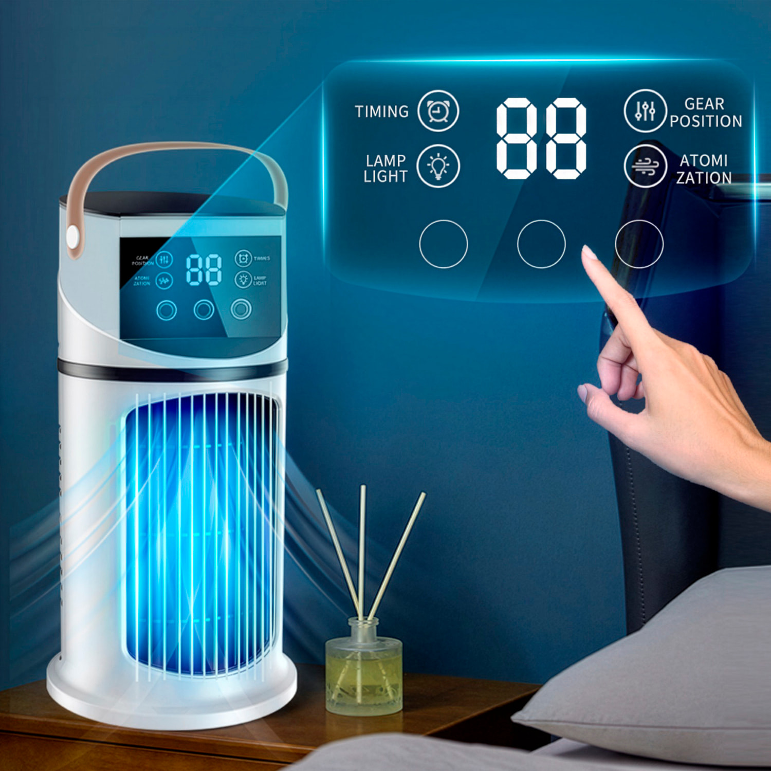 Ventilador sin aspas BDL-901E. Con función de nebulización, 6 velocidades y temporizador de hasta 8 horas. Depósito de 500 ml y luz ambiental de 7 colores.