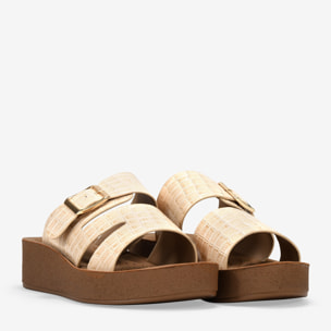 Sandalias de cuña beige efecto cocodrilo con hebilla