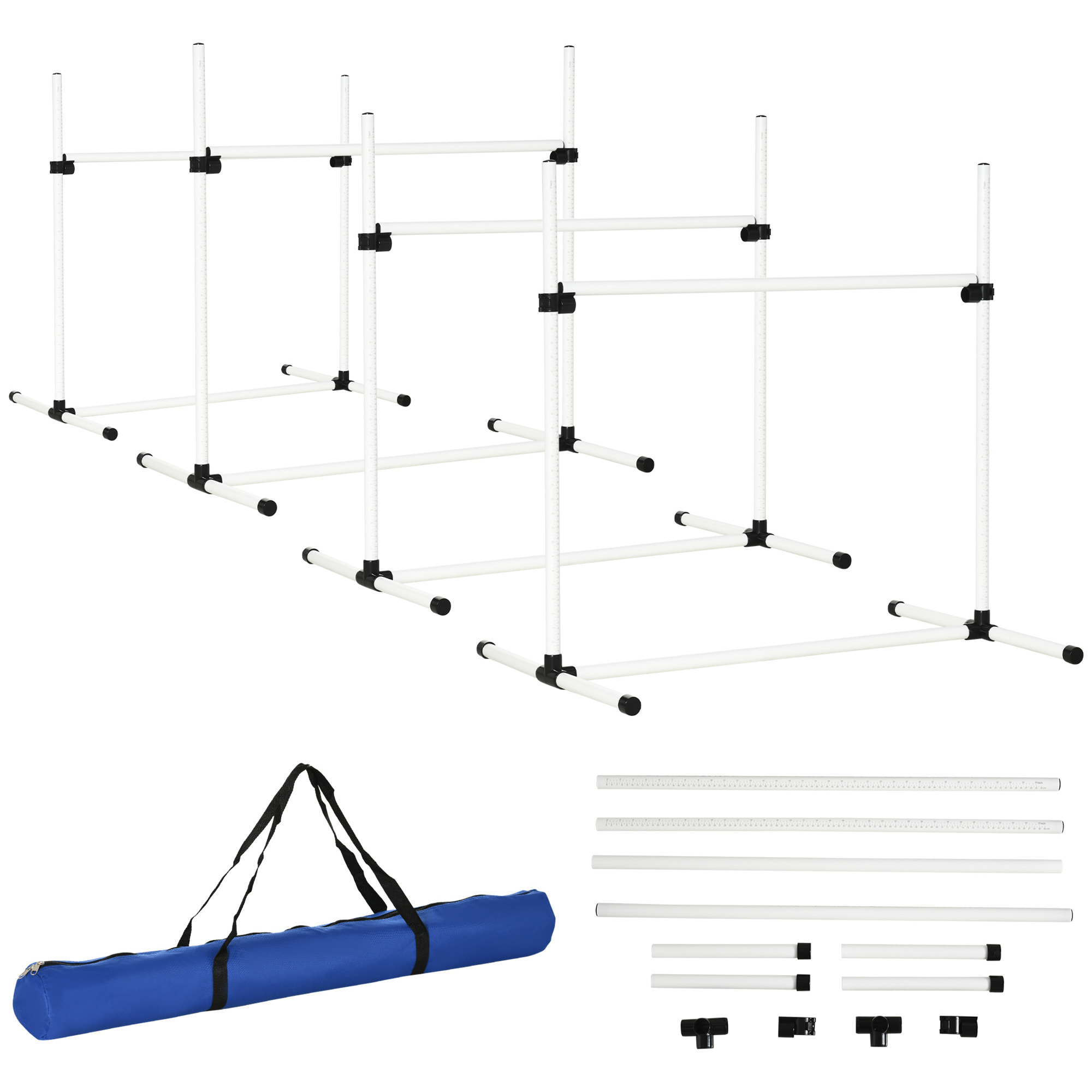 Set de Entrenamiento de Agilidad para Perros Mascotas 4 Piezas Obstáculos Vallas de Salto con Altura Ajustable y Bolsa de Transporte para Exteriores 99x65x94 cm Blanco