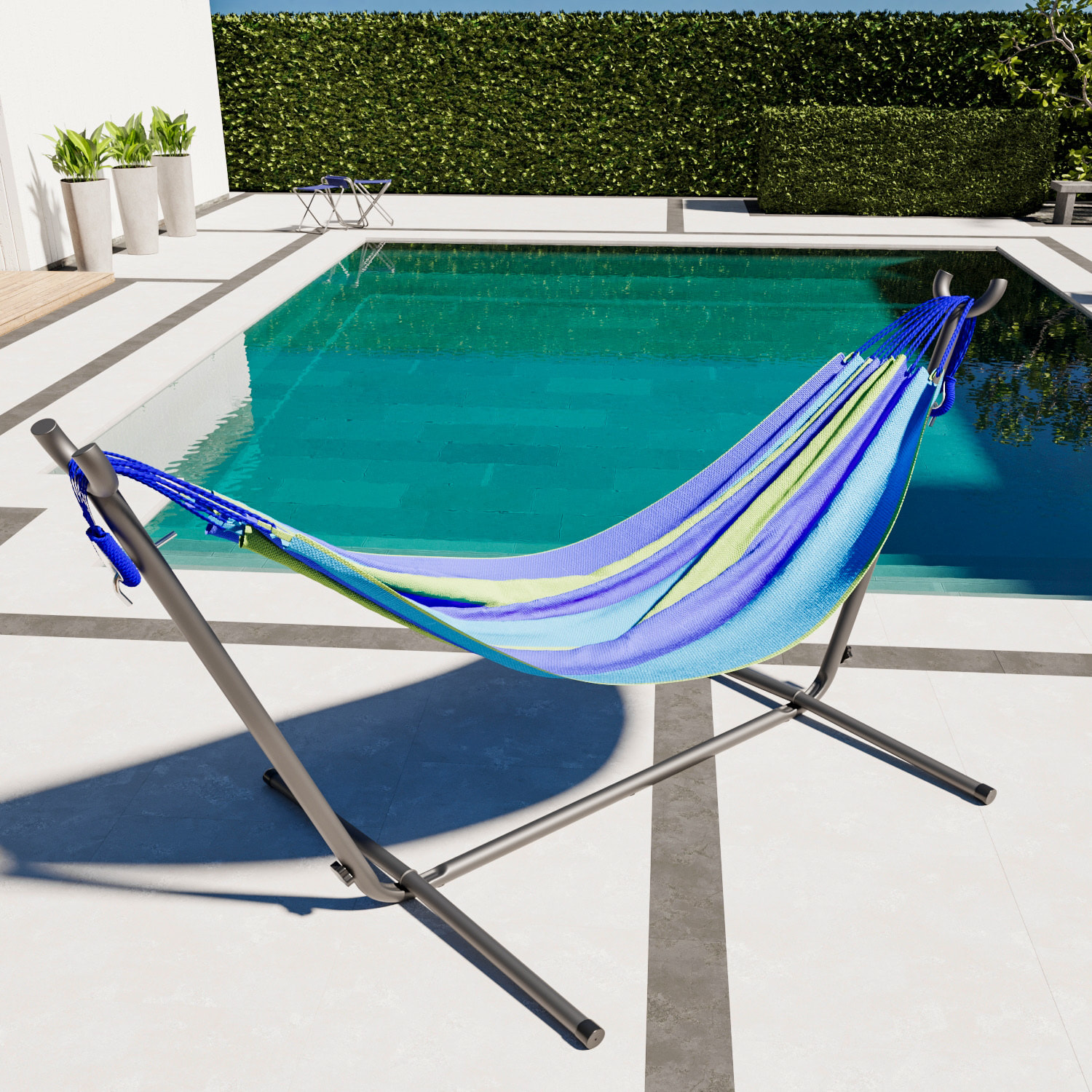 Amaca Da Giardino Con Supporto In Acciaio Portata 200 Kg Regolabile Telo Cotone Resistente Esterno Terrazzo Borsa 265x110x100 Cm Multicolore Blu