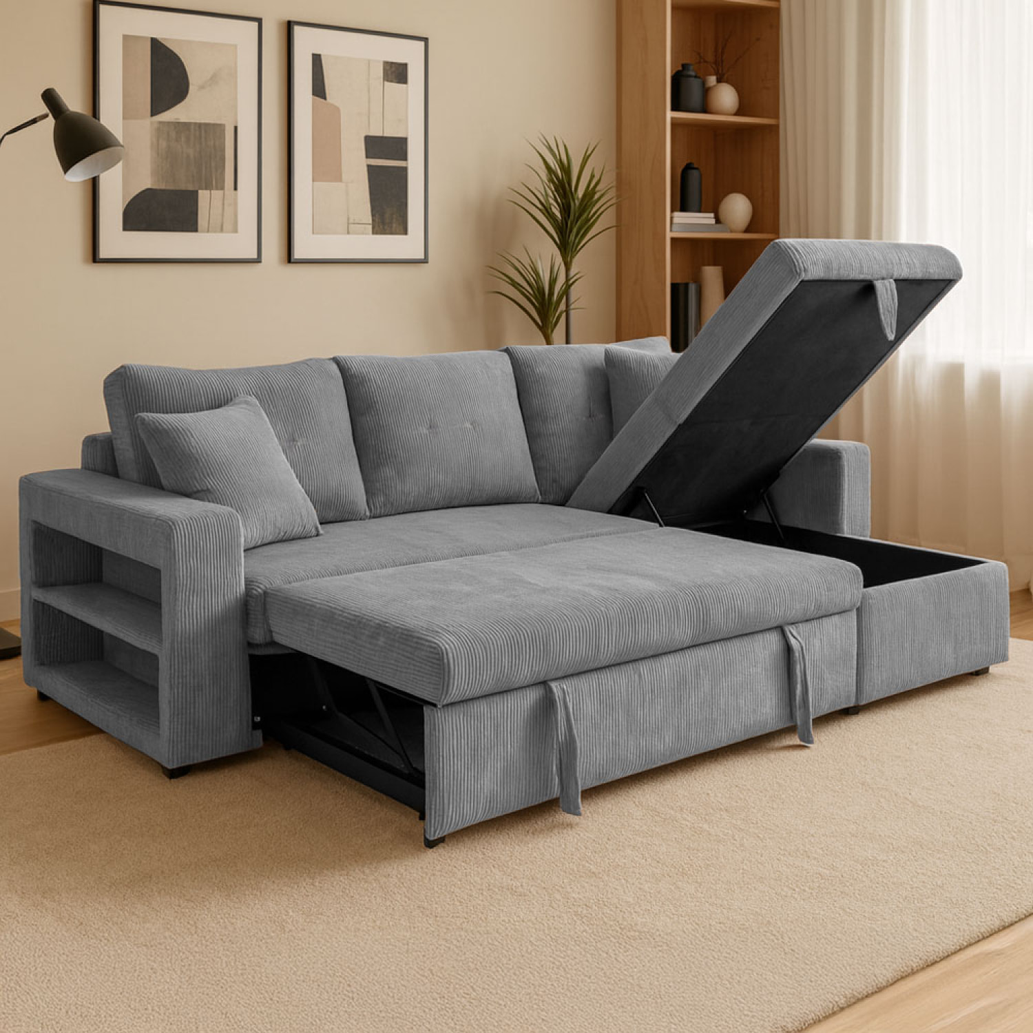 SAN DIEGO Canapé d'angle convertible 4 places avec coffre en velours côtelé gris