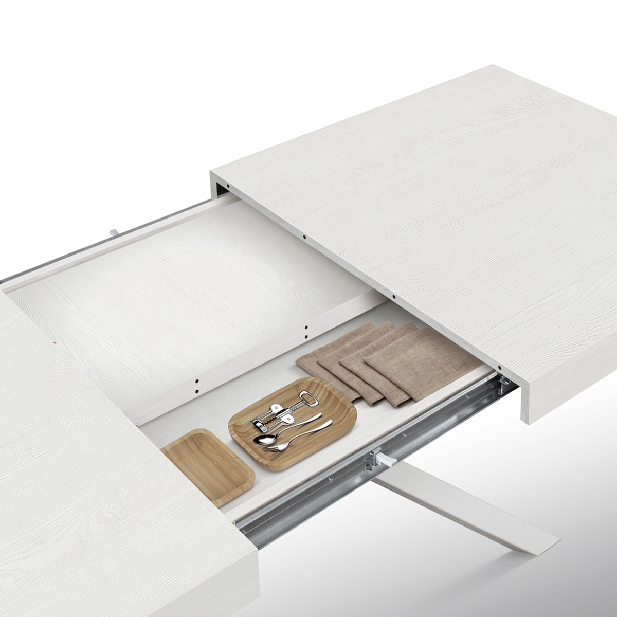 Tavolo FORTE DEI MARMI in legno, finitura bianco frassinato e base in metallo verniciato bianco, allungabile 140x90 cm - 220x90 cm